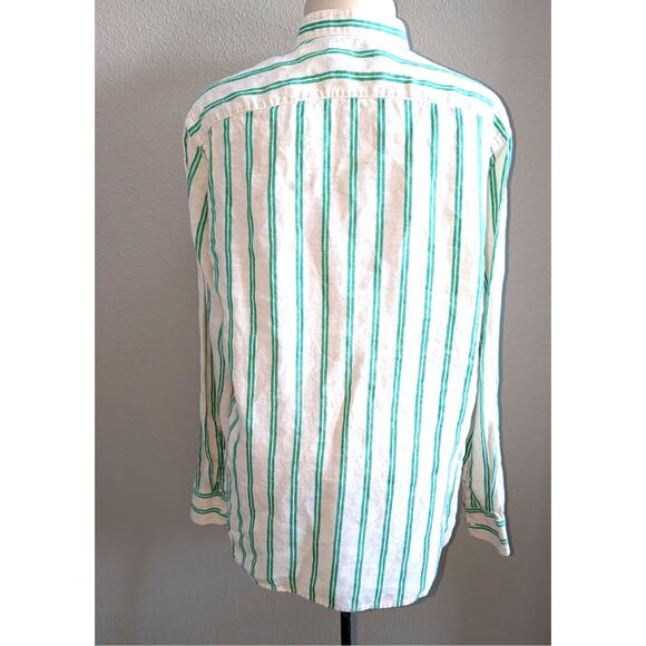 Men's Mango MNG Man 100% Linen Striped Long Sleeve Button Up Shirt Green White M - Picture 2 of 4